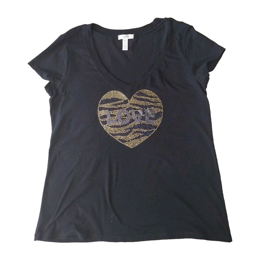 Ambiance Apparel Tee Women 2XL Black Short Sleeve Love Rhinestones Gold Heart